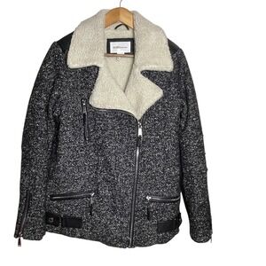 BCBG Generation Black White Tweed Faux Fur Lined Moto Jacket Womens Size S